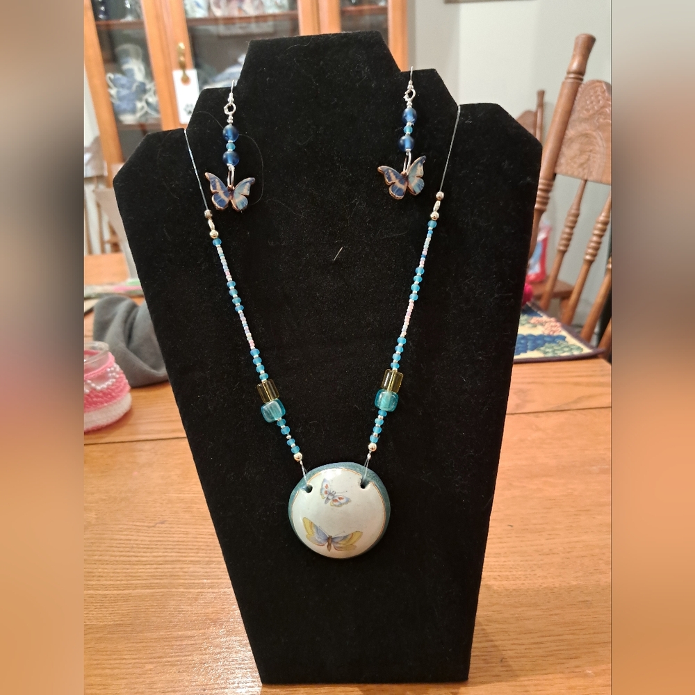 Butterfly Pendant Necklace and Earring Set - Blue and Gold